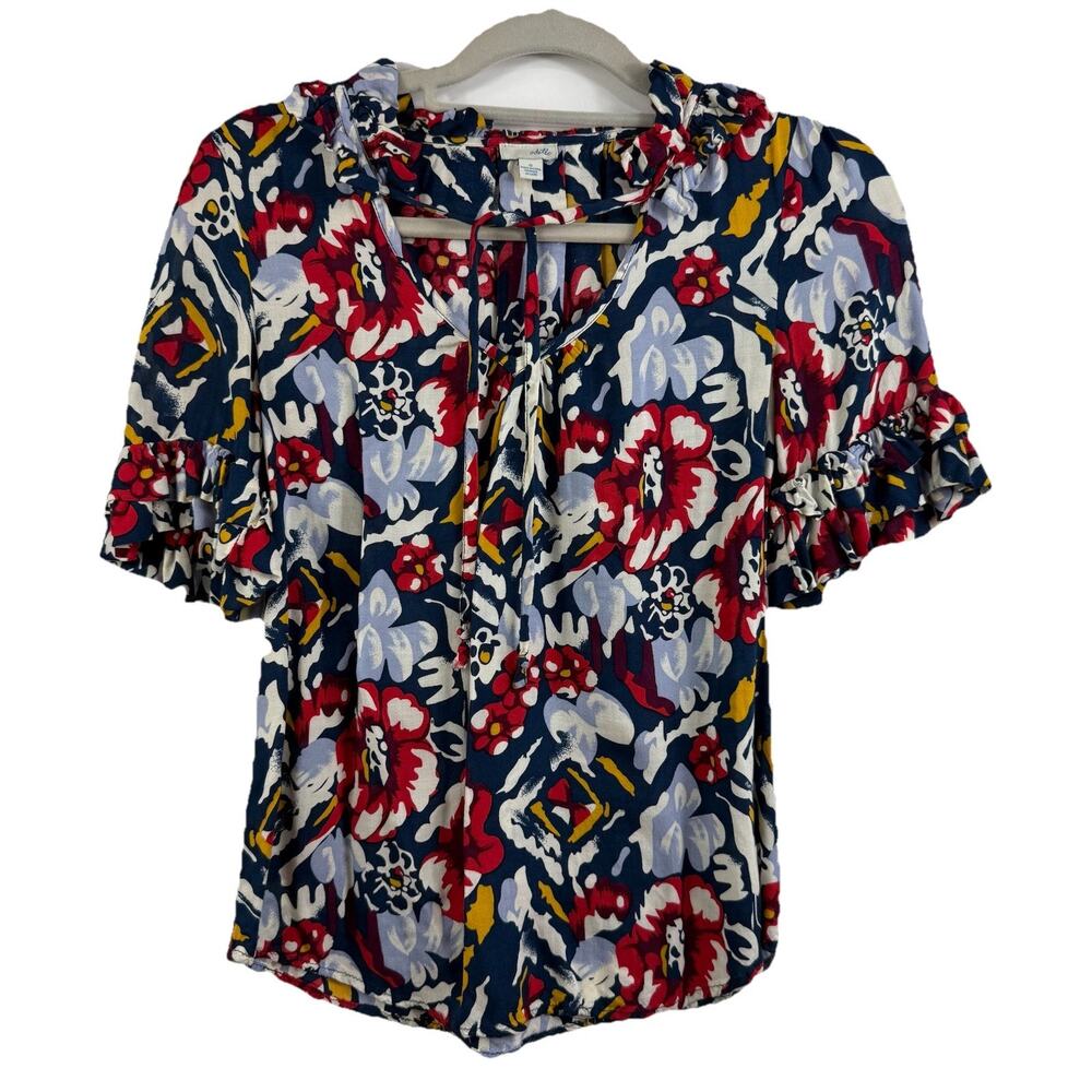 Romantic Floral Anthropologie Odille Bianca Ruffle Blouse Size 0 V Neck with Tie